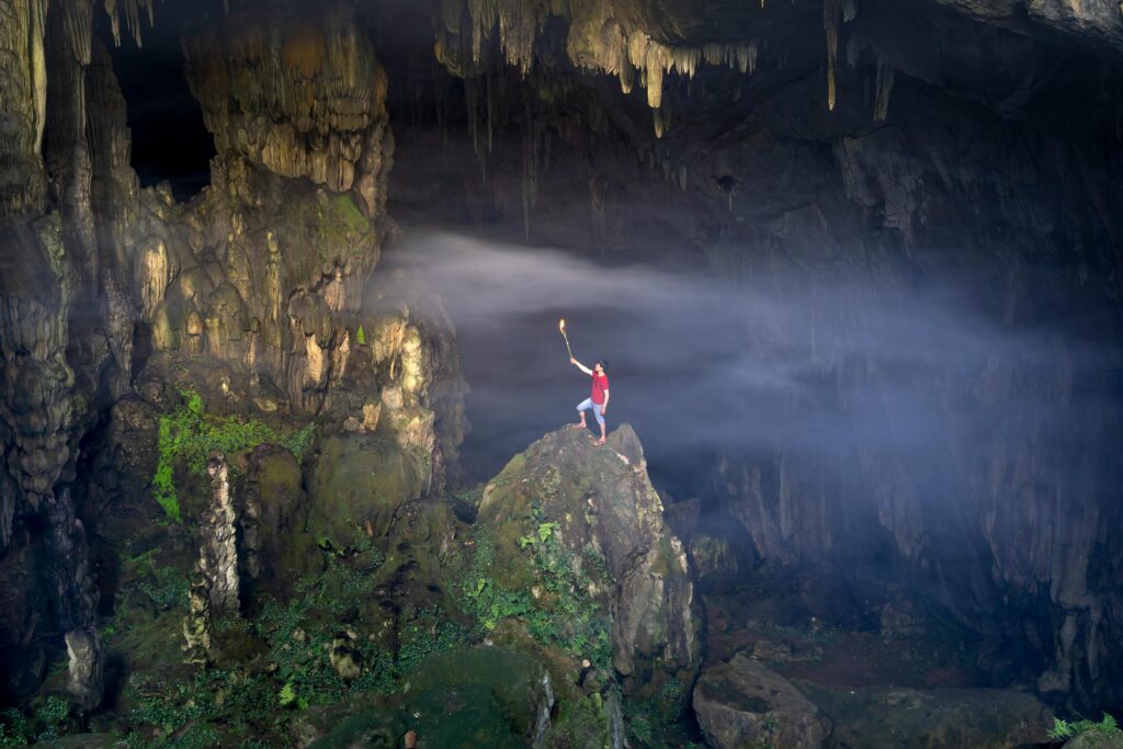 An explorer in a red vest stands in the center of a cave on a large rock, holding a torch aloft in a beam of light